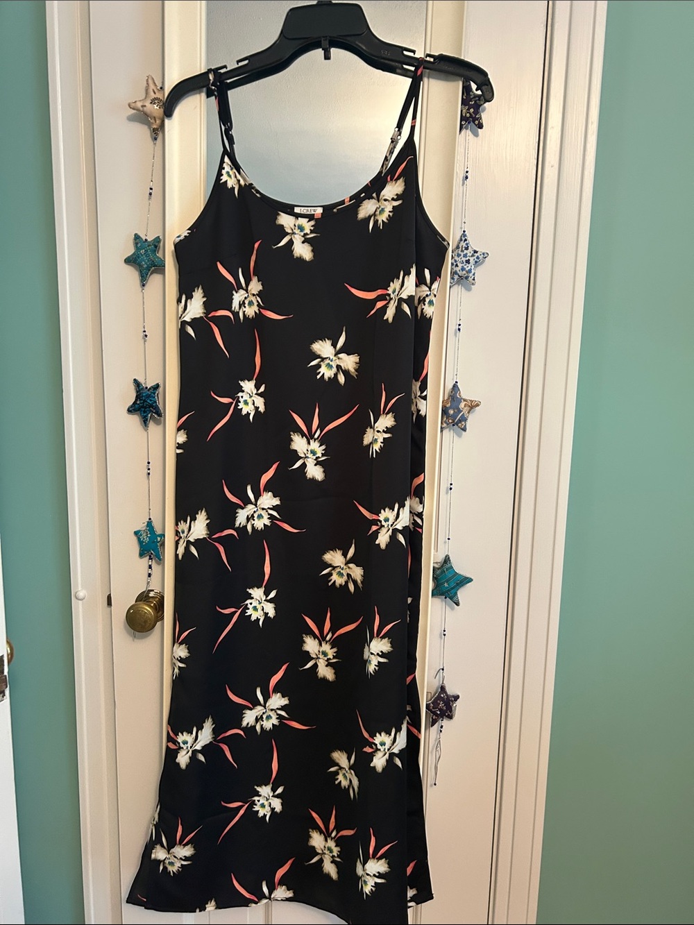 I Crew Floral Slip Dress in Black with Coral & Cream Accents S
